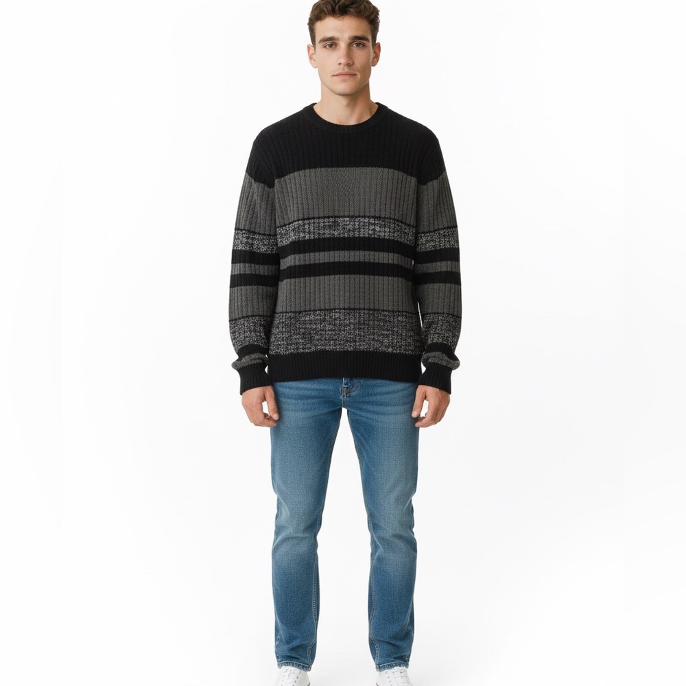 Croft and Barrow Mens Striped Crew Neck Sweater XL Acrylic Black‎ Grey